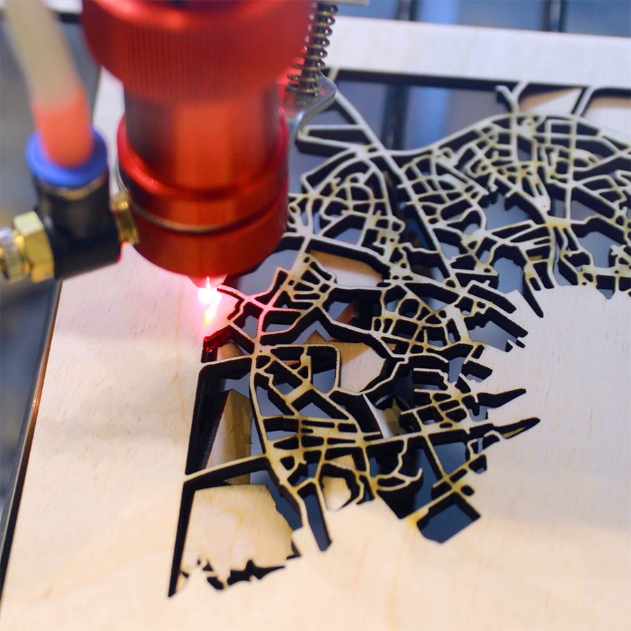 A laser-cut map produced from a MapVG SVG export